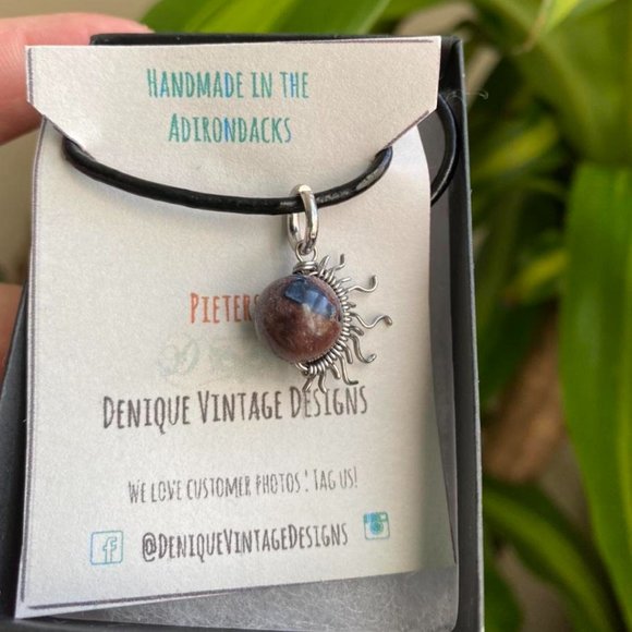 Stainless steel Pietersite tigers eye Sunburst Pendant Choker - Picture 3 of 4